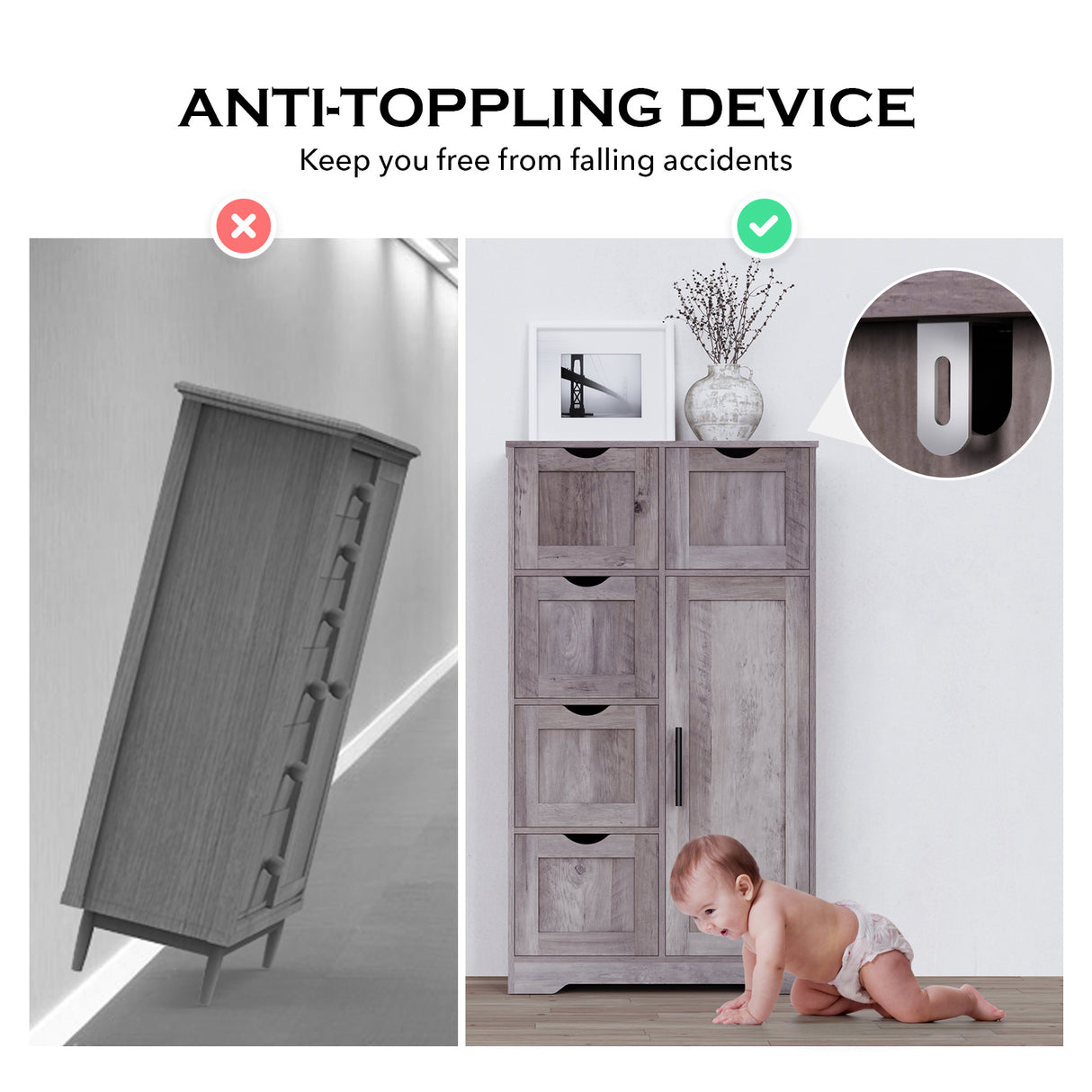 Bathroom Storage Cabinet with Storage 5 Drawers and 1 Door, Entryway Cabinet with Adjustable Shelf Grey - V.I.P Digital Presence
