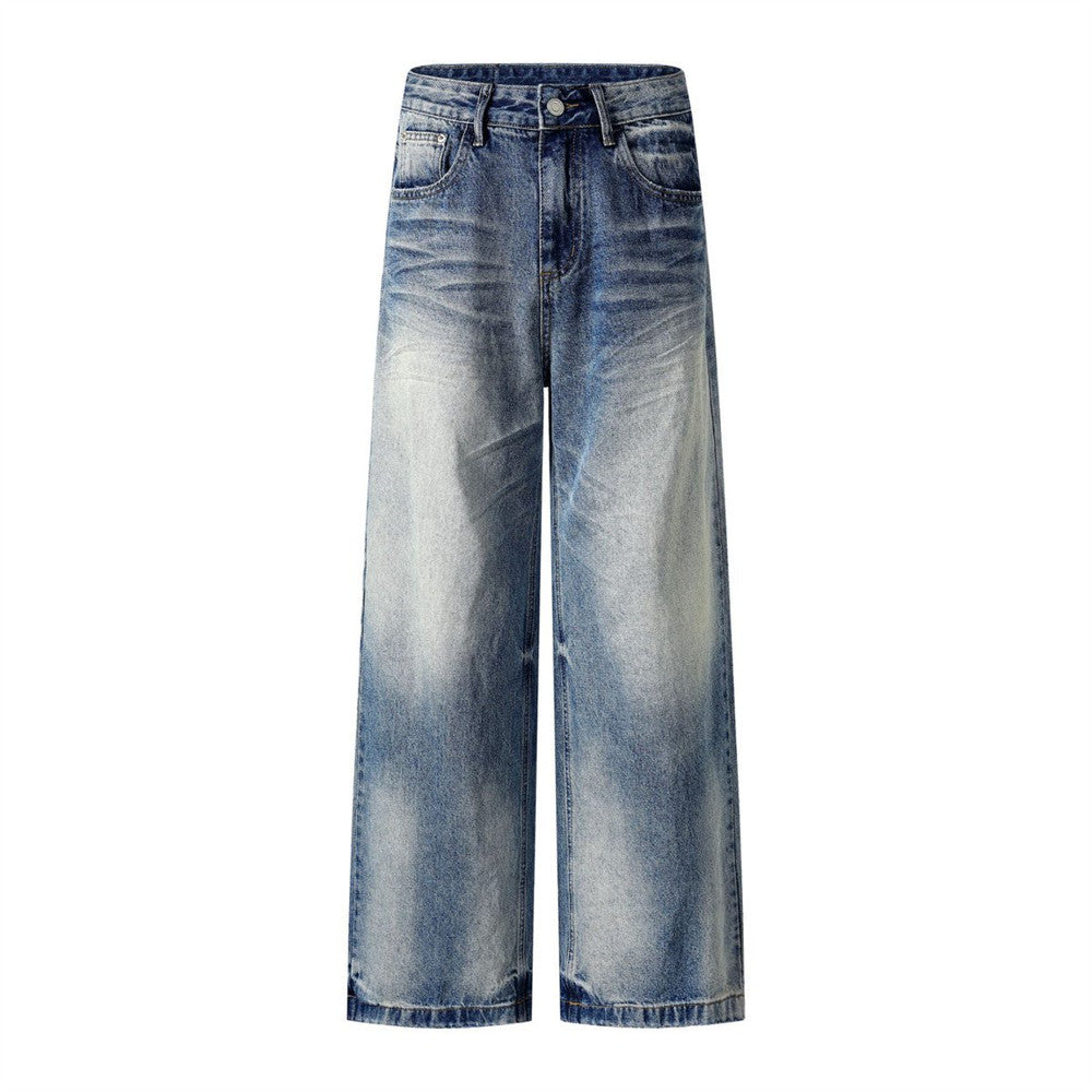 Washed Faded Denim Long Pants Clean Fit Punk Loose Wide Leg Dad Trousers Men's Distressed Ripped Straight Leg Jeans - V.I.P Digital Presence