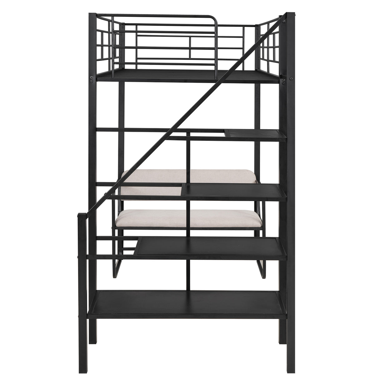Twin Size Metal Loft Bed with Bench and Storage Staircase Black