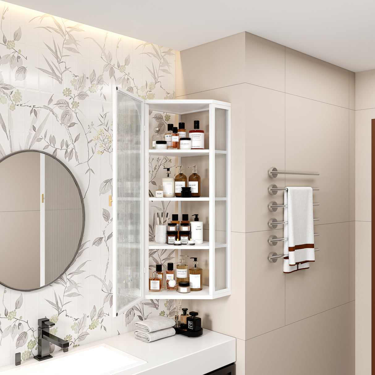 Glass Door Wall Mounted Corner Cabinet with Featuring Four-tier Storage White