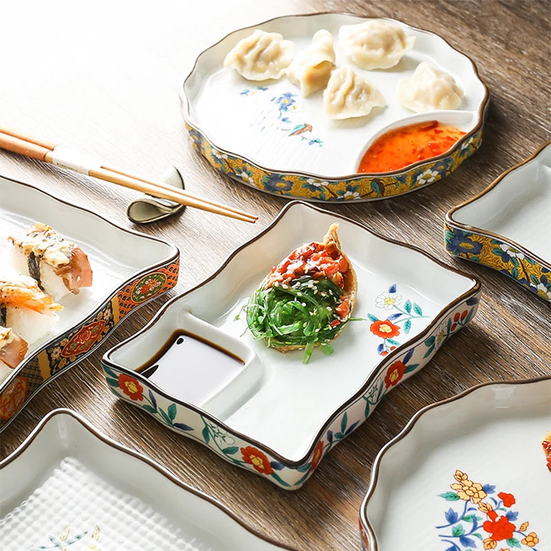 Dumpling plate sushi plate round square plate with soy sauce and vinegar partitioned snack plate ceramic plate for home use - V.I.P Digital Presence