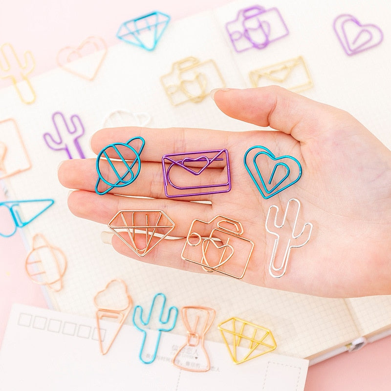 10 piezas/paquete de mini clips de papel con forma de estrella de cactus y helado, clips de carpeta transparentes de metal para papelería kawaii, fotos, tickets, notas y cartas.