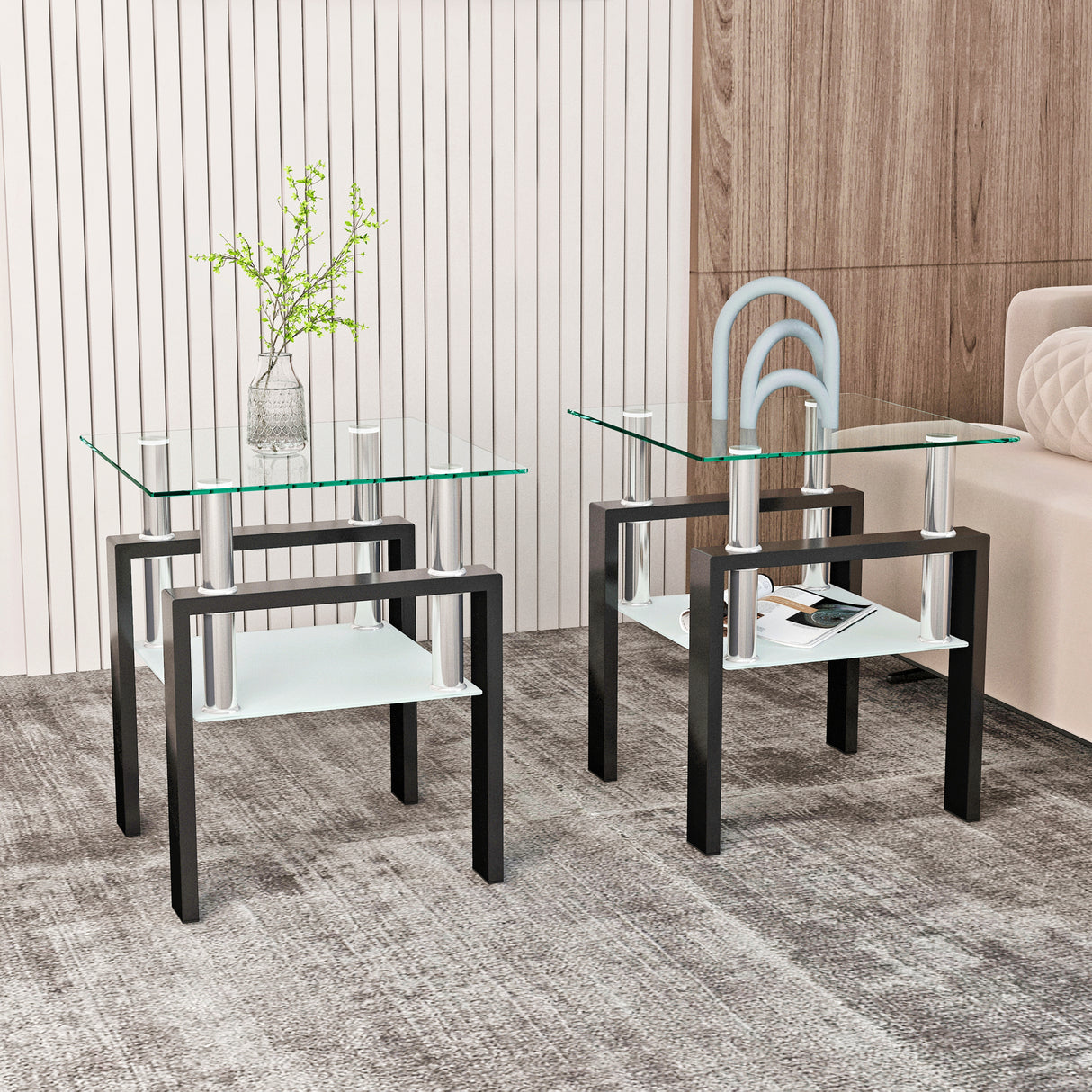 Set of 2, Modern Tempered Glass Tea Table Coffee Table End Table, Square Table for Living Room, Transparent/Black - V.I.P Digital Presence