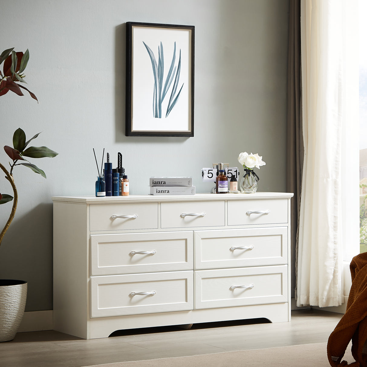 Modern 3 Drawer Bedroom Chest of Drawers with 7 Drawers Dresser Clothes Organizer -Metal Pulls White, 47.6″L x 15.7″W x 26.6″H - V.I.P Digital Presence