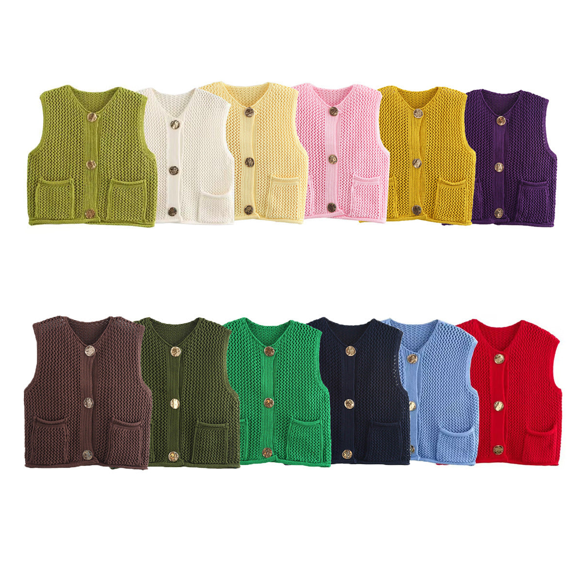 Street Fashion Crochet Hollow Vest Solid Color Versatile Round Neck Jacket - V.I.P Digital Presence
