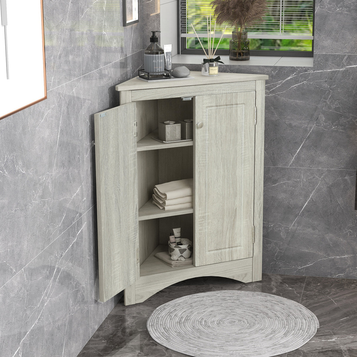 Oak Triangle Bathroom Storage Cabinet with Adjustable Shelves, Freestanding Floor Cabinet for Home Kitchen - V.I.P Digital Presence