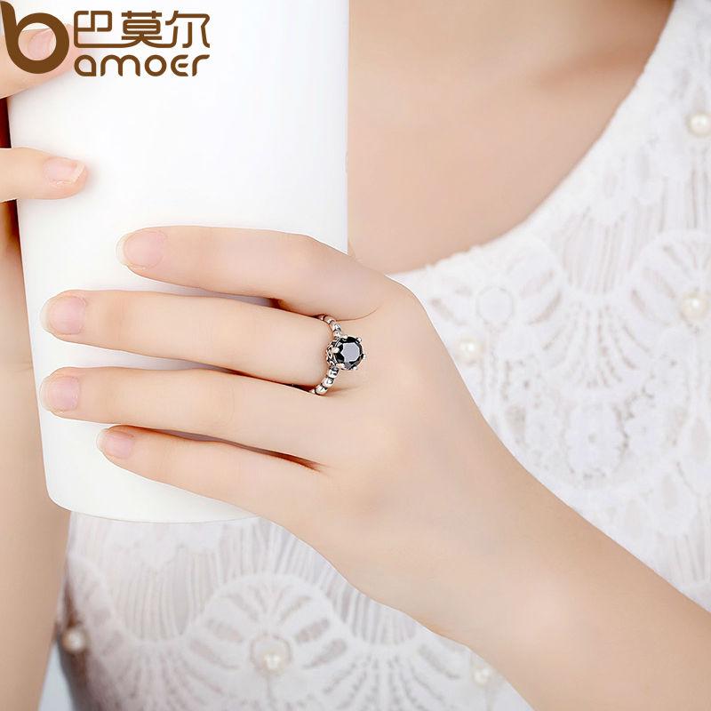 BAMOER Finger Ring with Black Cubic Zirconia Wedding Jewelry PA7205 - V.I.P Digital Presence