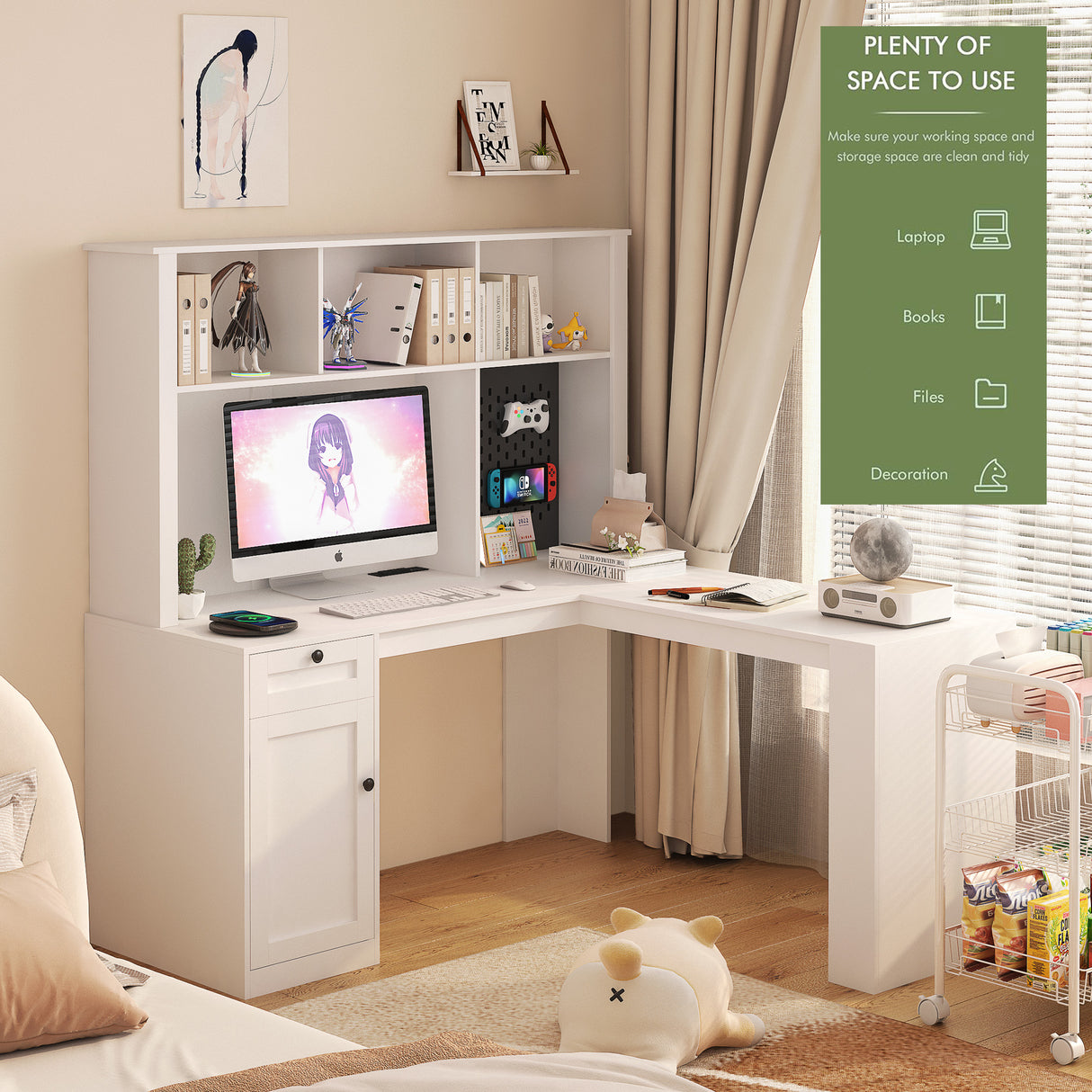 Corner gaming computer desk with socket, drawers, bookshelf and writing desk, modern L-shaped learning desk with storage space - V.I.P Digital Presence