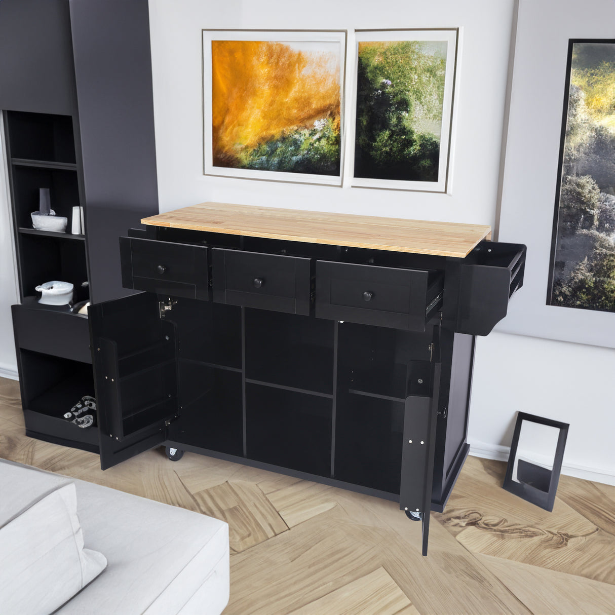 Kitchen trolley with rubber wood leaf countertop, 5-wheel kitchen island, storage cabinet and 3 dining drawers, black - V.I.P Digital Presence