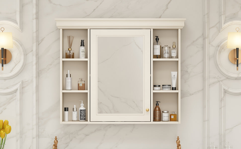 35'' x 28'' Blue Wall Mounted Bathroom Storage Cabinet with Mirror Door, Modern Bathroom Wall Cabinet with Mirror - V.I.P Digital Presence