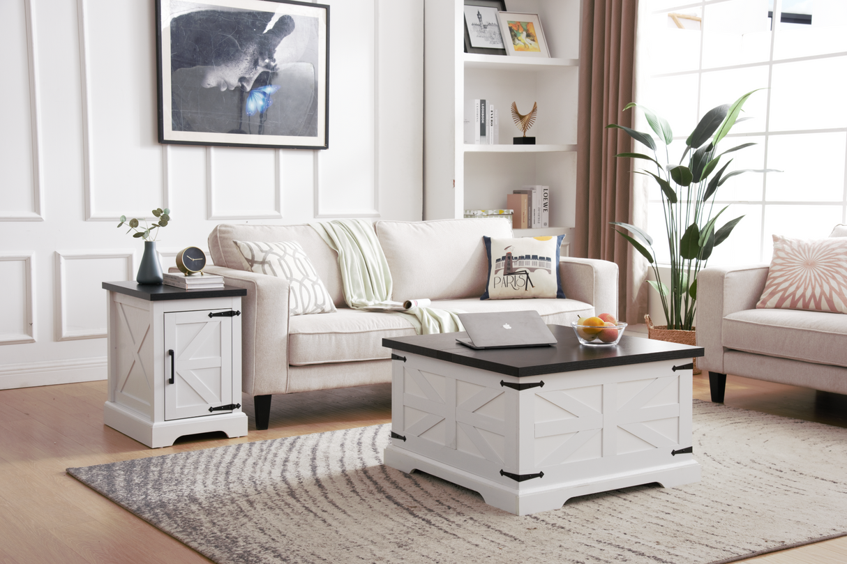 Farmhouse Coffee Table & End Table Barn design Center Table Rustic Cocktail Table with Hinged Lift Top and End Table - V.I.P Digital Presence