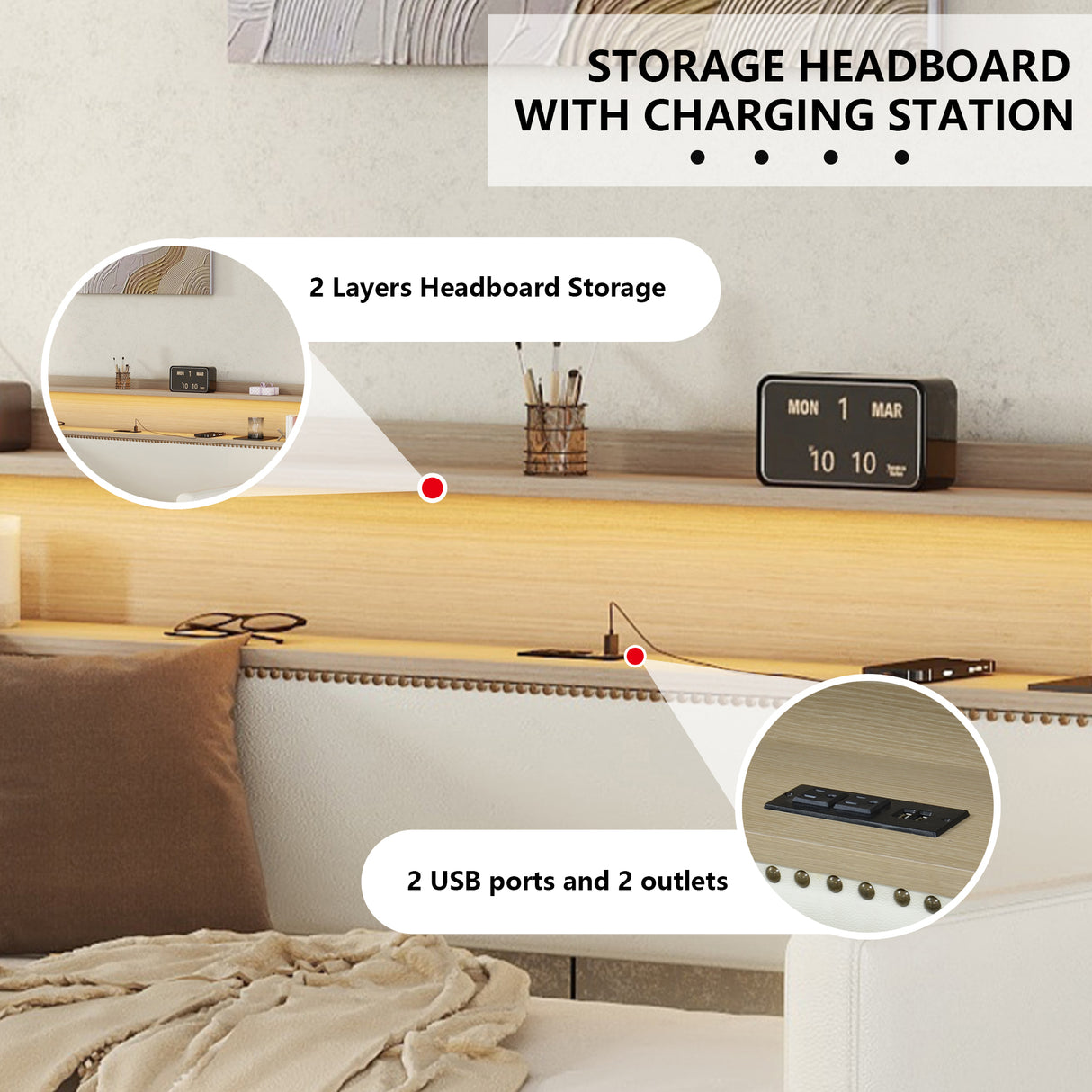 Twin Size Daybed with Drawers, Upholstered Daybed with Charging Station and LED Lights, White - V.I.P Digital Presence