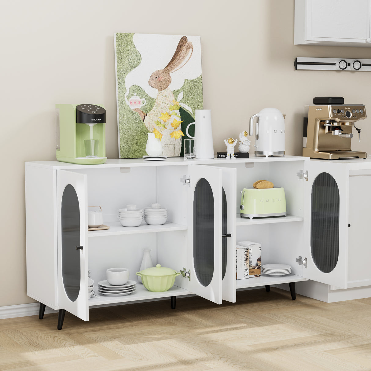 Modern Accent Sideboard Cabinet with Acrylic Doors, Freestanding Storage Cupboard Console Table for Kitchen Dining White - V.I.P Digital Presence