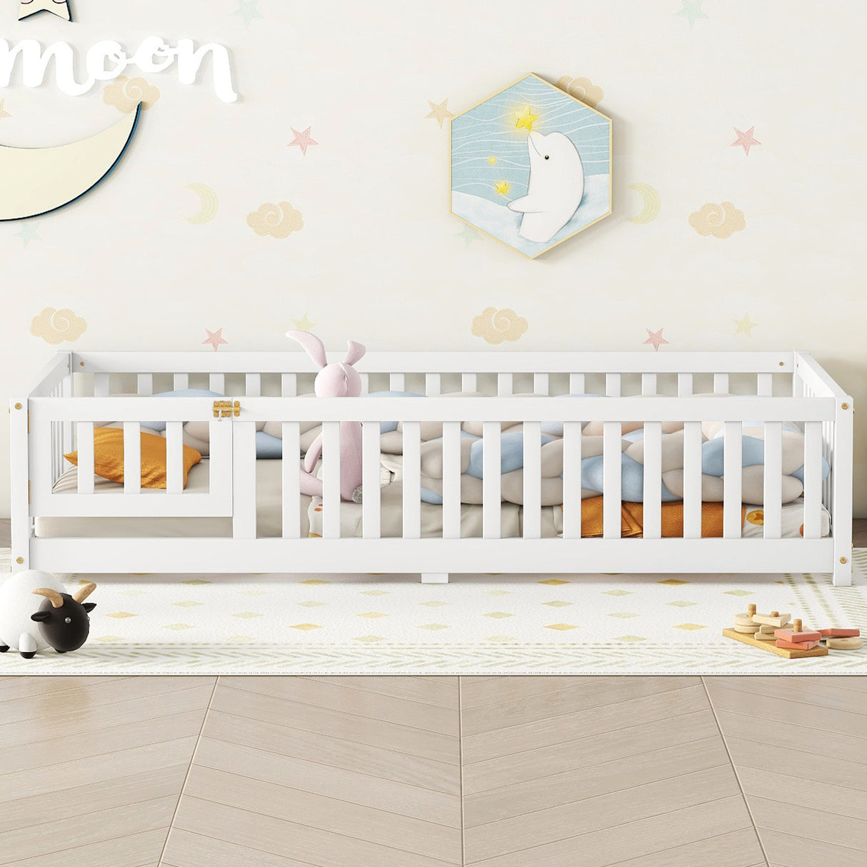 Twin Size Bed Floor Bed with Safety Guardrails and Door for Kids, White - V.I.P Digital Presence