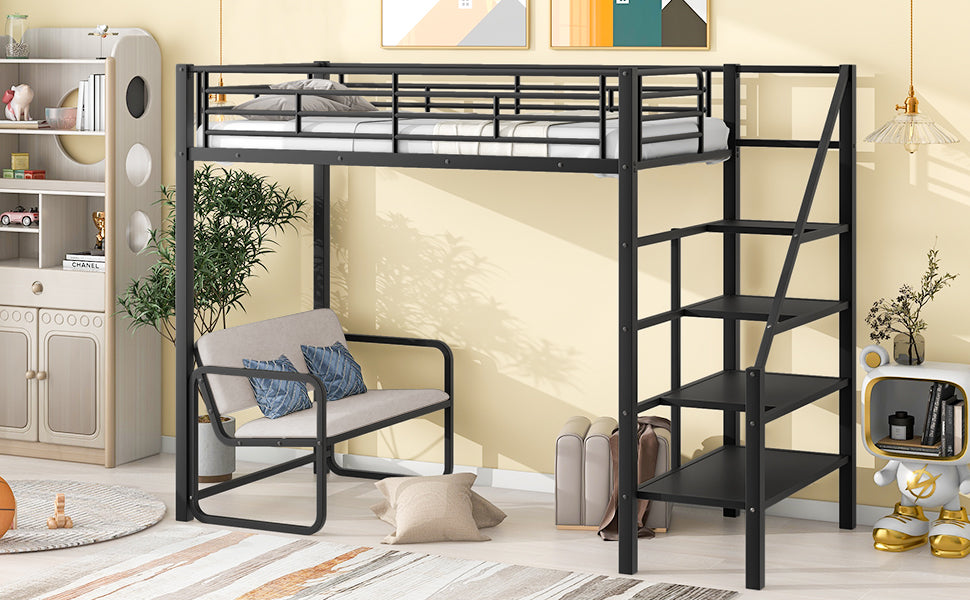 Twin Size Metal Loft Bed with Bench and Storage Staircase Black