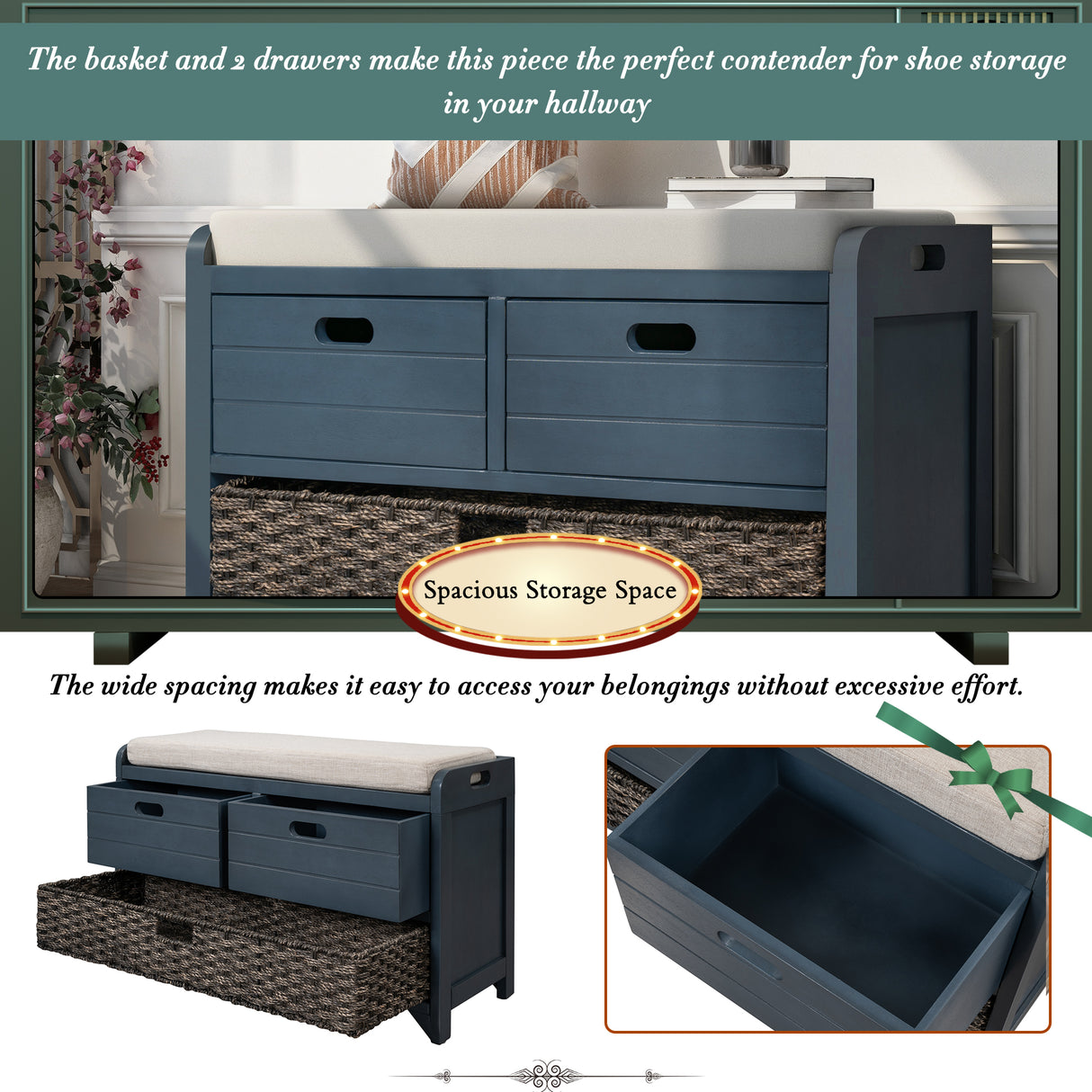 TREXM Storage Bench with Removable Basket and 2 Drawers, Fully Assembled Shoe Bench with Removable Cushion (Navy) - V.I.P Digital Presence