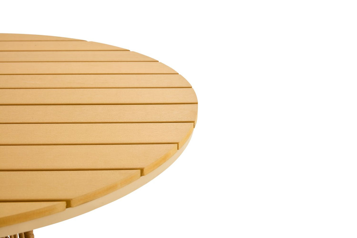 Outdoor dining set of 5 simple bamboo dinning table PE ratten round table 110CM plastic wood top - V.I.P Digital Presence