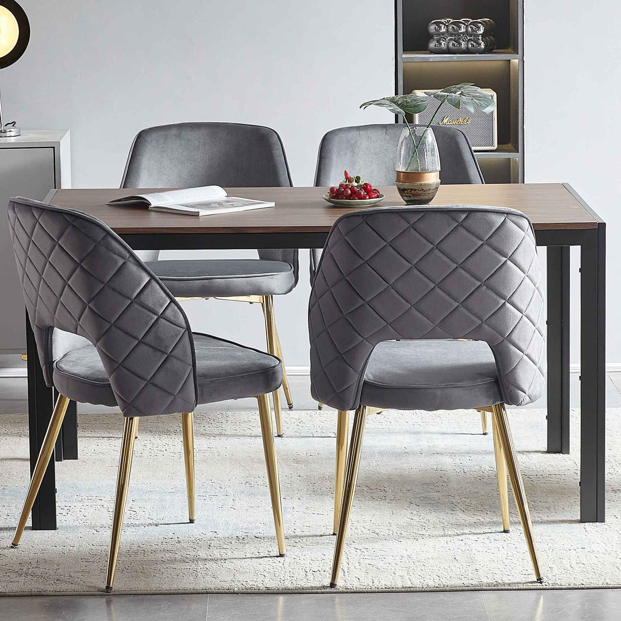 Gray Velvet Dining Chairs with Metal Legs and Hollow Back Upholstered Dining Chairs Set of 4 - V.I.P Digital Presence