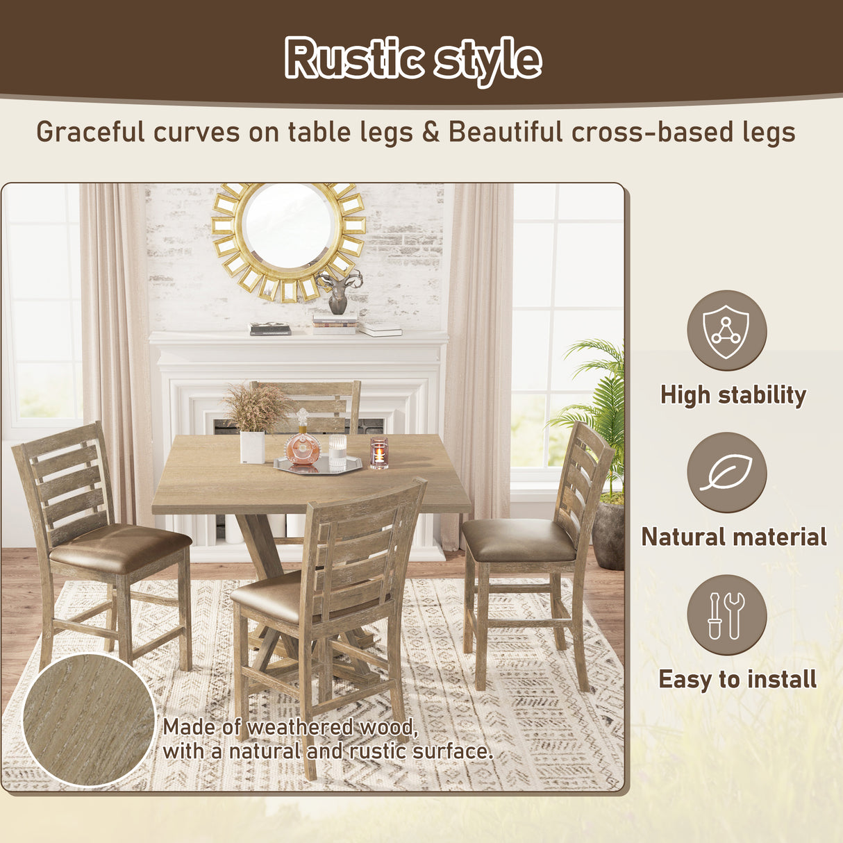 Set of 2 Dining Counter Height Chairs Modern Farmhouse Rustic Look Distressed Design Ladderback Solid Wood - V.I.P Digital Presence