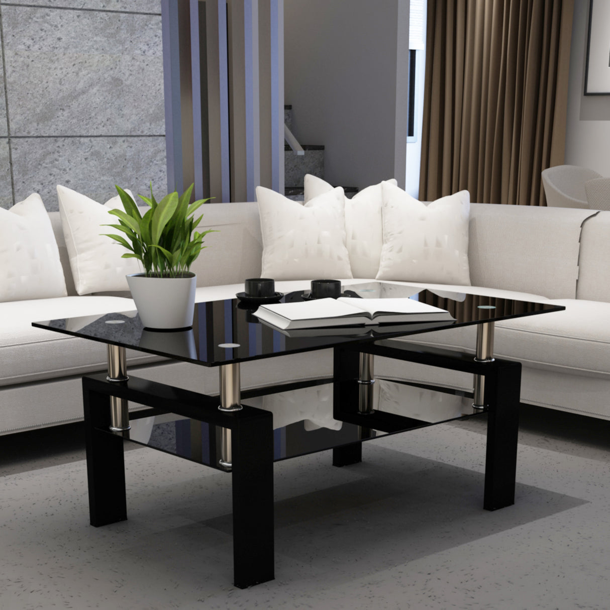Rectangle Black Glass Coffee Table Clear Coffee Table Modern Side Center Tables for Living Room Living Room Furniture - V.I.P Digital Presence