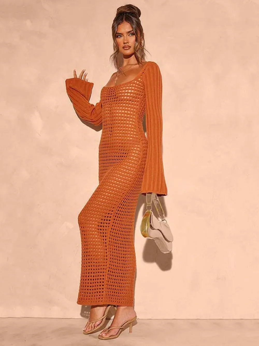 Openwork Square Neck Flare Sleeve Cover-Up Dress - V.I.P Digital Presence
