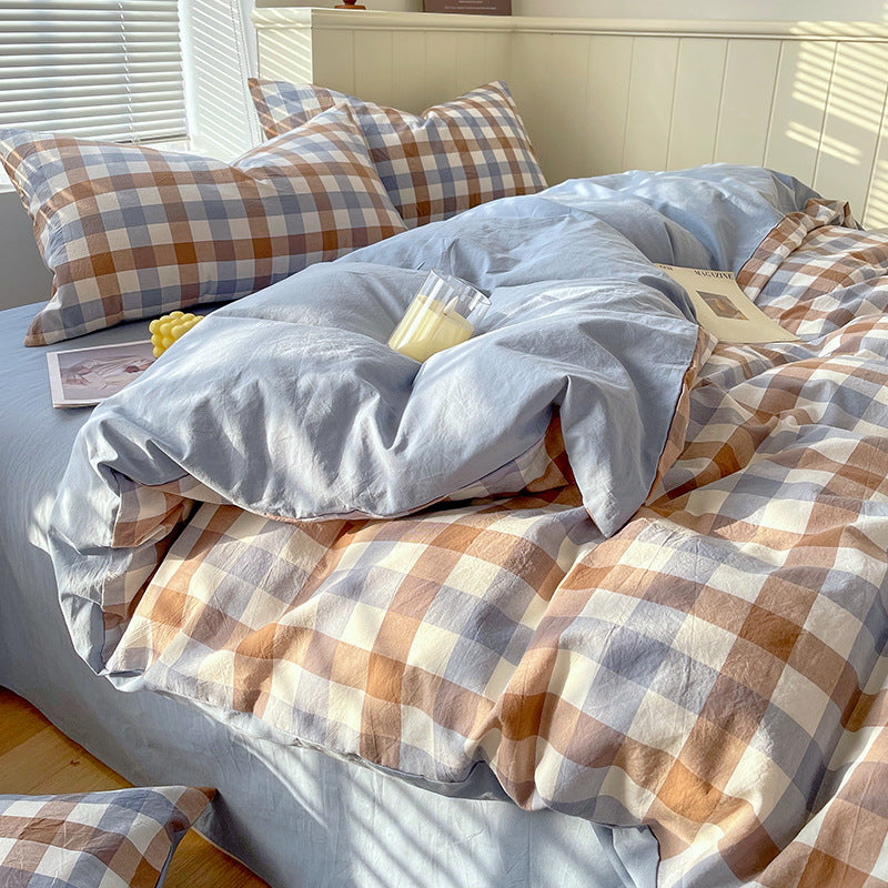 Juego de ropa de cama de algodón lavado teñido de algodón puro de clase A, sábana plana, funda de edredón, sábana ajustable, funda de edredón, juego de tres piezas a rayas