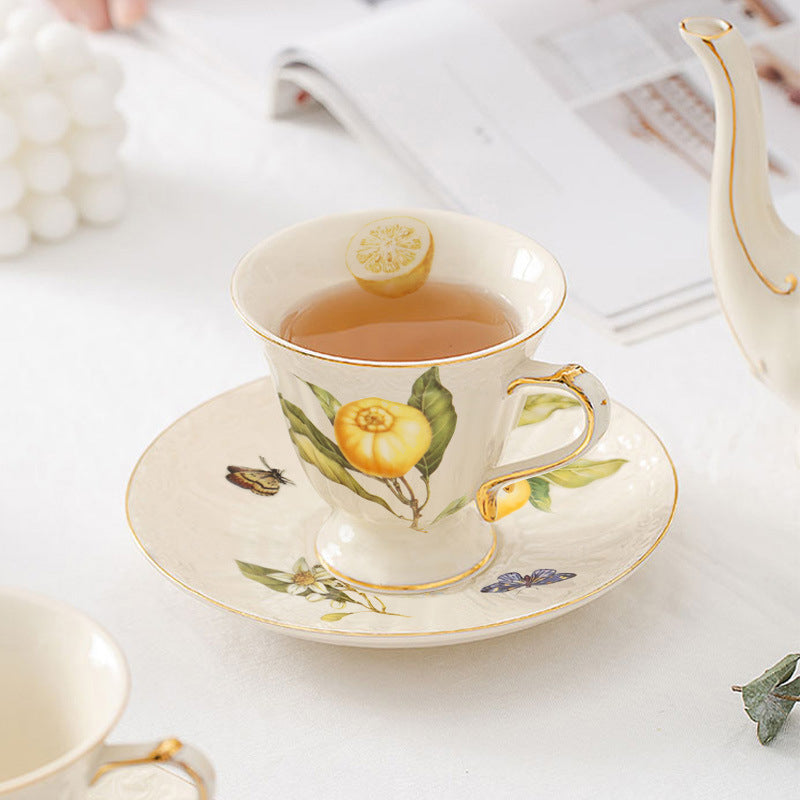 European - style Elegant Lemon Espresso Cups Set: Includes Tea Cups, Saucers, Ceramic Mugs, and a Dessert Plate - V.I.P Digital Presence