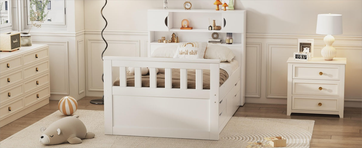 Twin Size Captain Platform Bed Frame with Storage Bookcases and Shelves,Four Drawers,White - V.I.P Digital Presence
