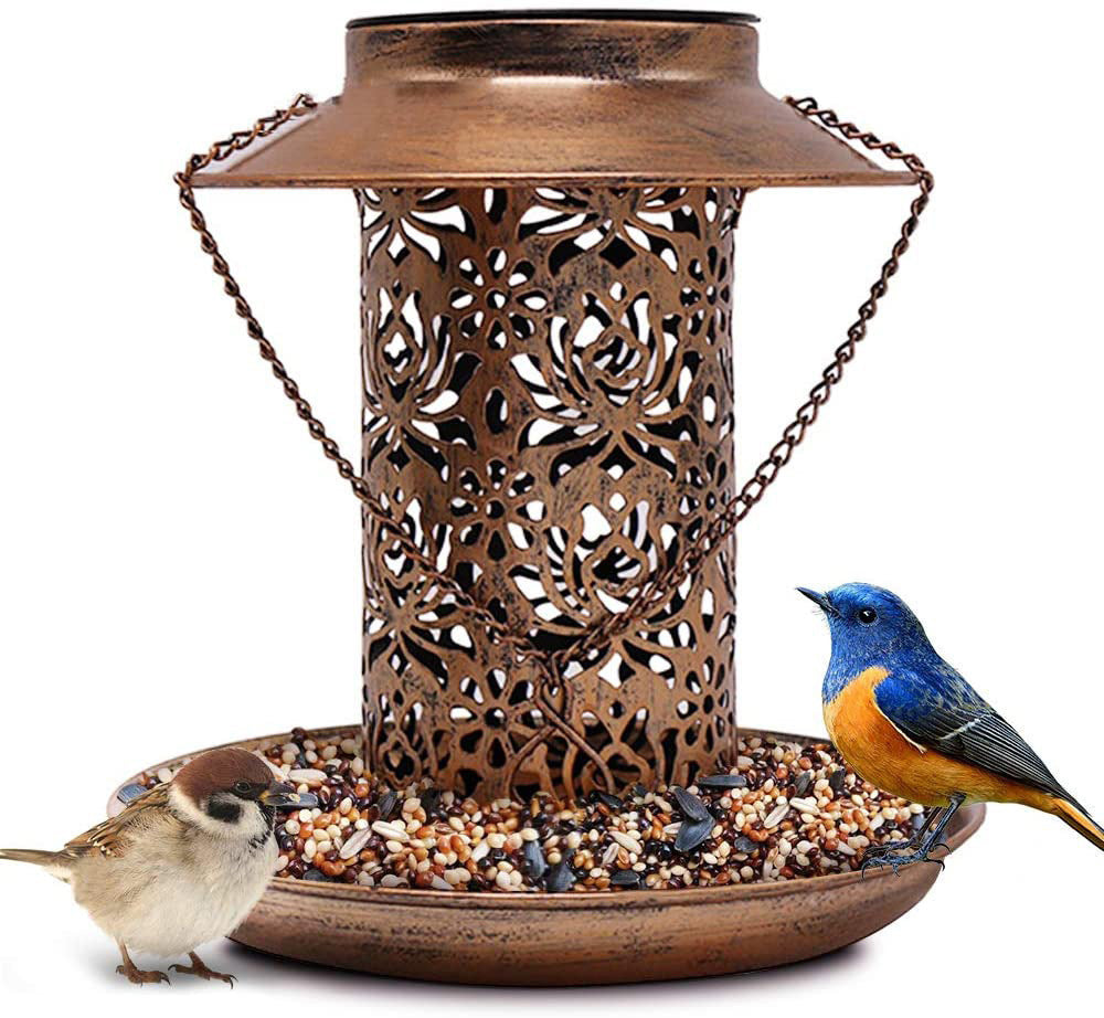Outdoor solar powered lamp metal hanging bird feeder feeding and watering dual-purpose bird feeder decorative lamp - V.I.P Digital Presence