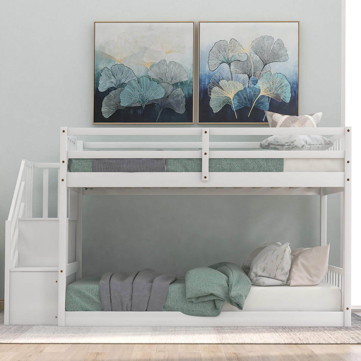 Twin over Twin Floor Bunk Bed, Ladder with Storage White