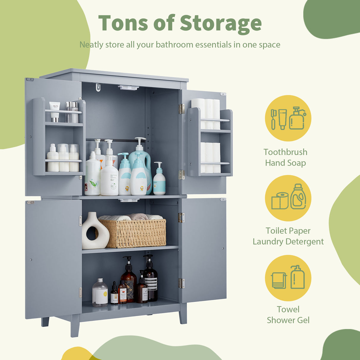 Bathroom floor storage cabinet, bathroom storage cabinet, 4-door independent cabinet, adjustable shelf, adaptive shelf, gray - V.I.P Digital Presence
