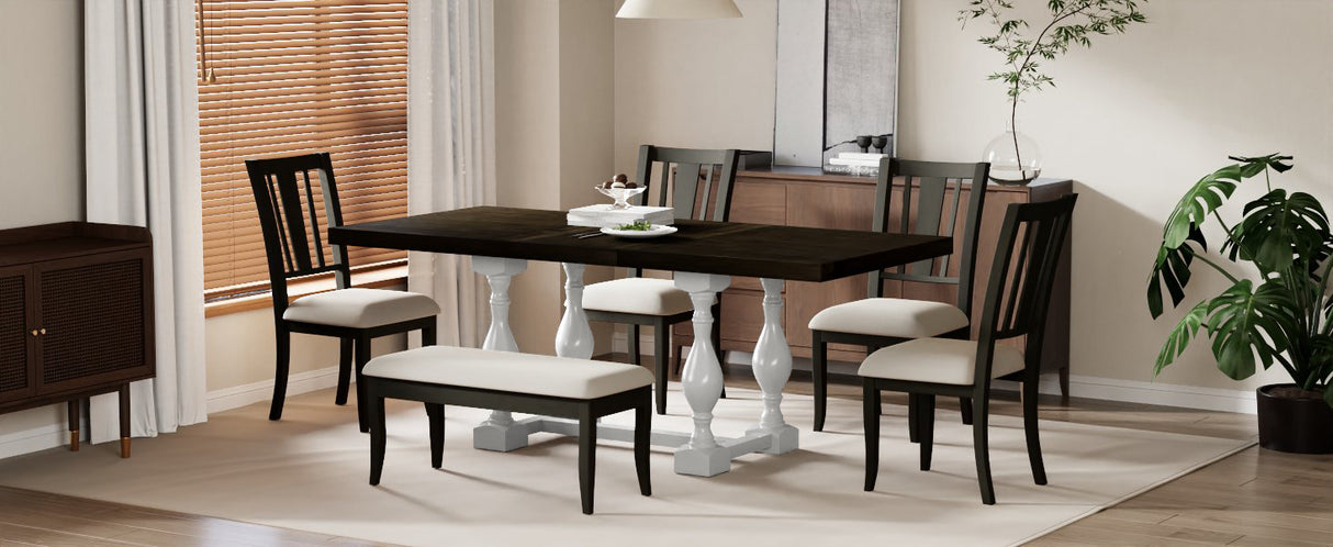 Traditional 6-Piece 78inch Trestle Extendable Dining Table Set with One 18inch Removable Leaf Distressed White - V.I.P Digital Presence