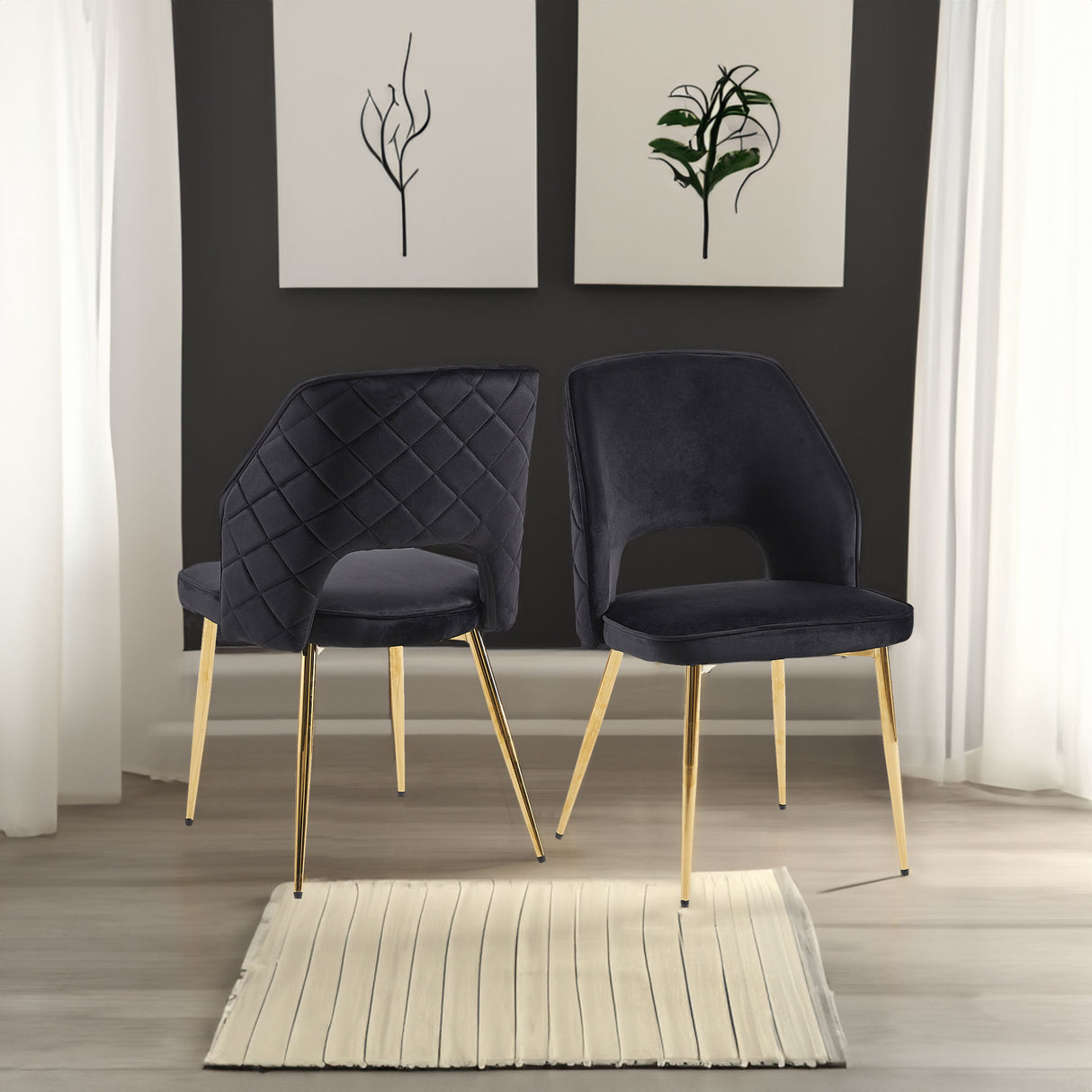 Black Velvet Dining Chairs with Metal Legs and Hollow Back Upholstered Dining Chairs Set of 4 - V.I.P Digital Presence