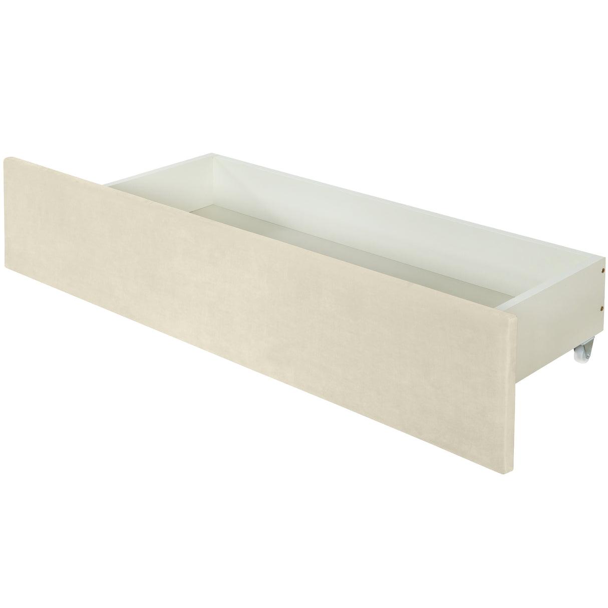 Queen Size Upholstered Platform Bed with 2 Drawers and 1 Trundle, Classic Metal Strip Headboard Design, Beige - V.I.P Digital Presence