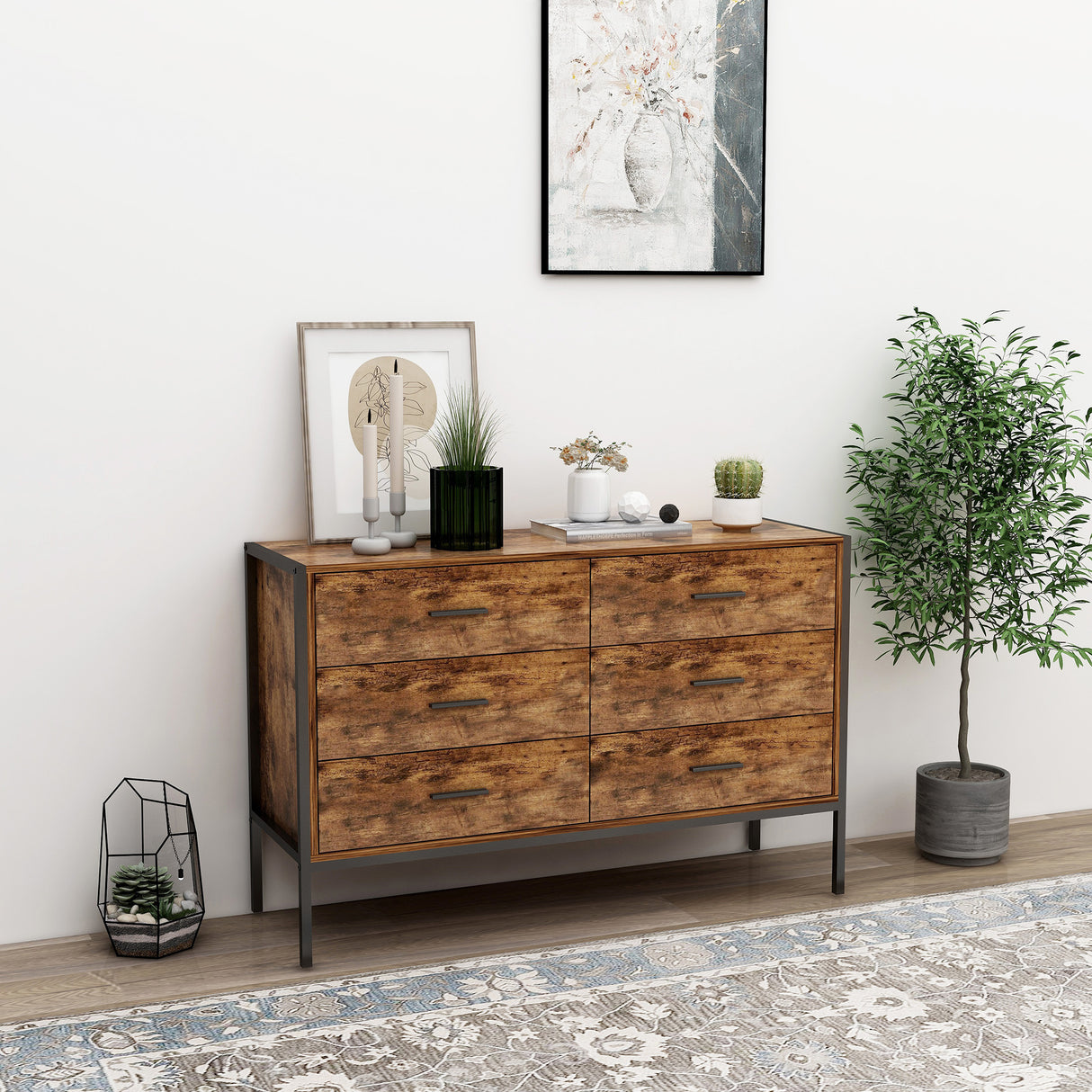 Industrial Style 6 Drawer Double Dresser Rustic Brown Wood Storage Dresser Clothes Organizer with Sturdy Steel Frame - V.I.P Digital Presence
