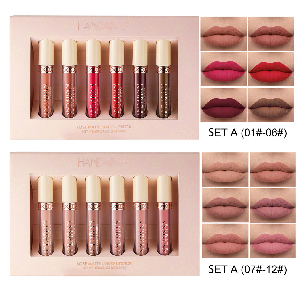 HANDAIYAN 6 Matte Rose Lip Gloss Liquid Lipstick Not Easy to Dip Cup Matte Lip Gloss Set Gift Box - V.I.P Digital Presence