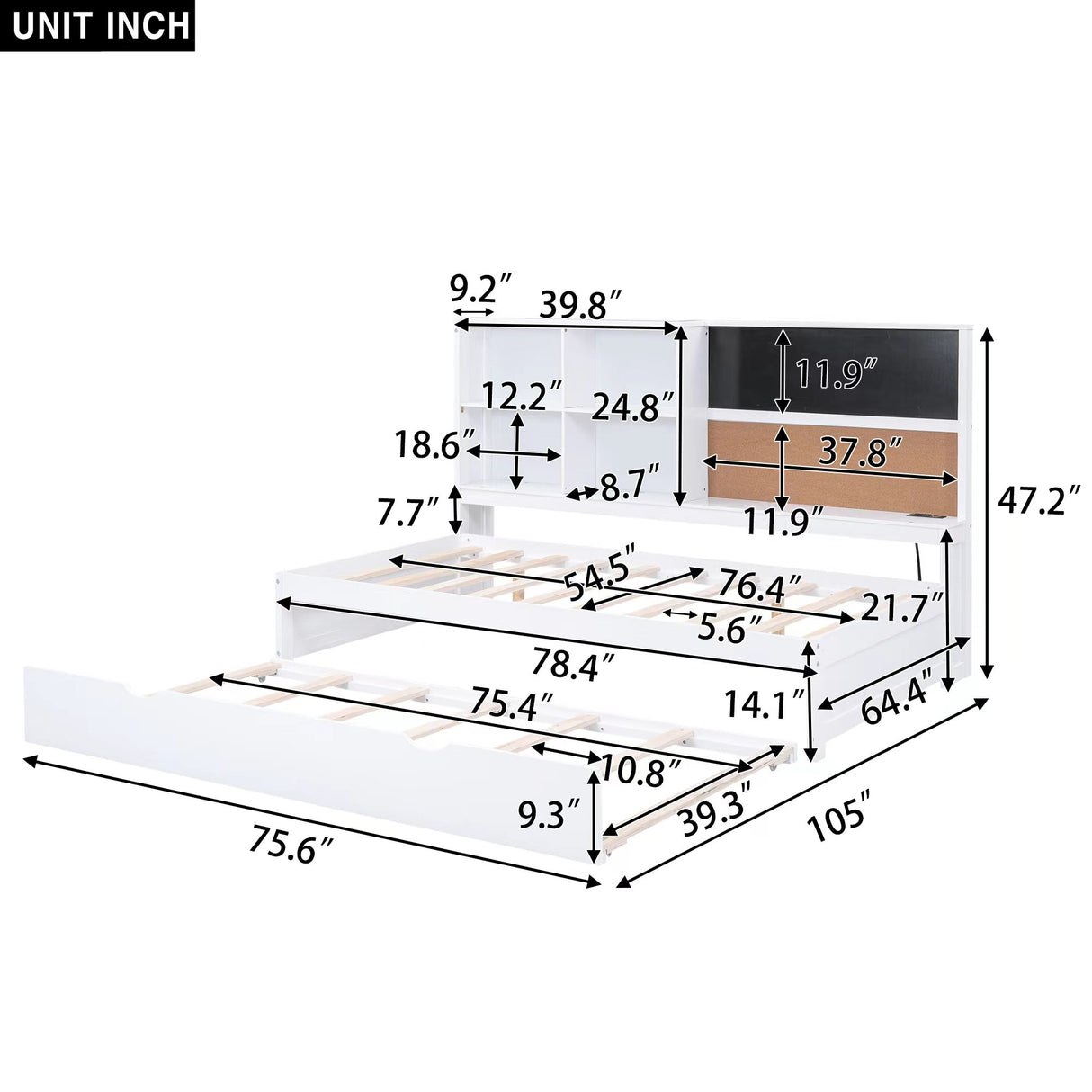 Full Size Daybed with Storage Shelves, Blackboard, Cork board, USB Ports and Twin Size Trundle White
