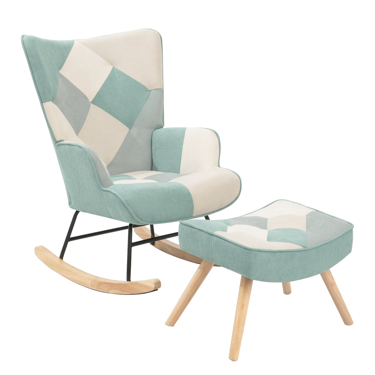 Rocking Chair with ottoman, Mid Century Fabric Rocker Chair with Wood Legs and Patchwork Linen for Livingroom Bedroom - V.I.P Digital Presence
