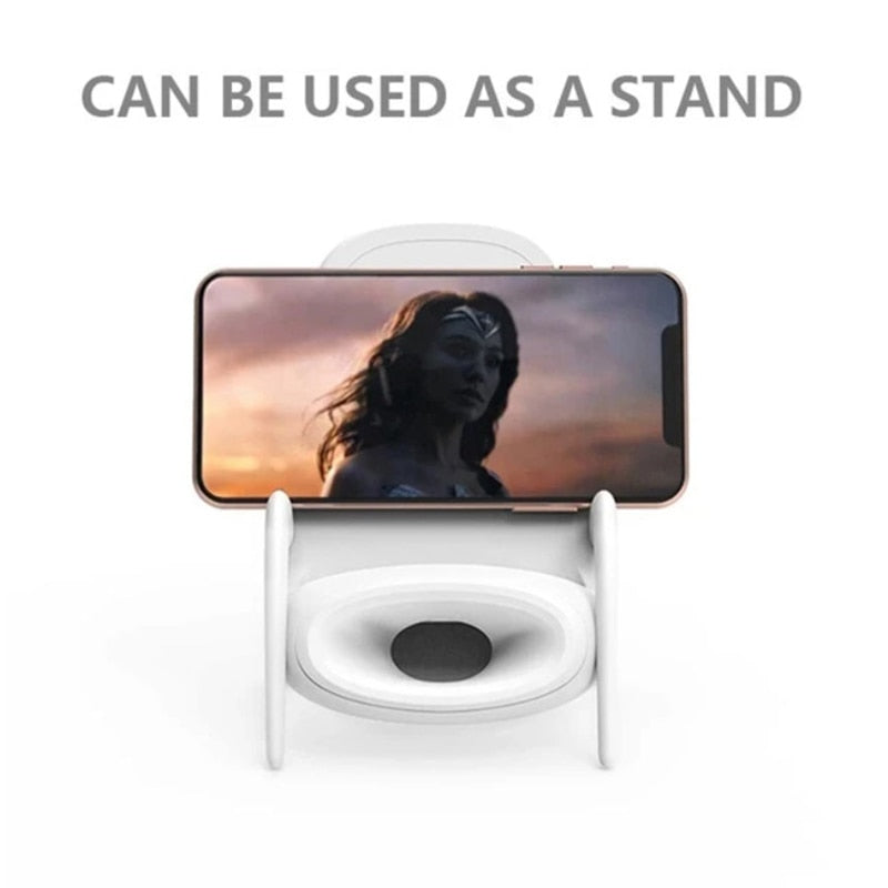 Mini silla portátil con cargador inalámbrico para todos los teléfonos, soporte multiusos con función de altavoz musical y cargador.