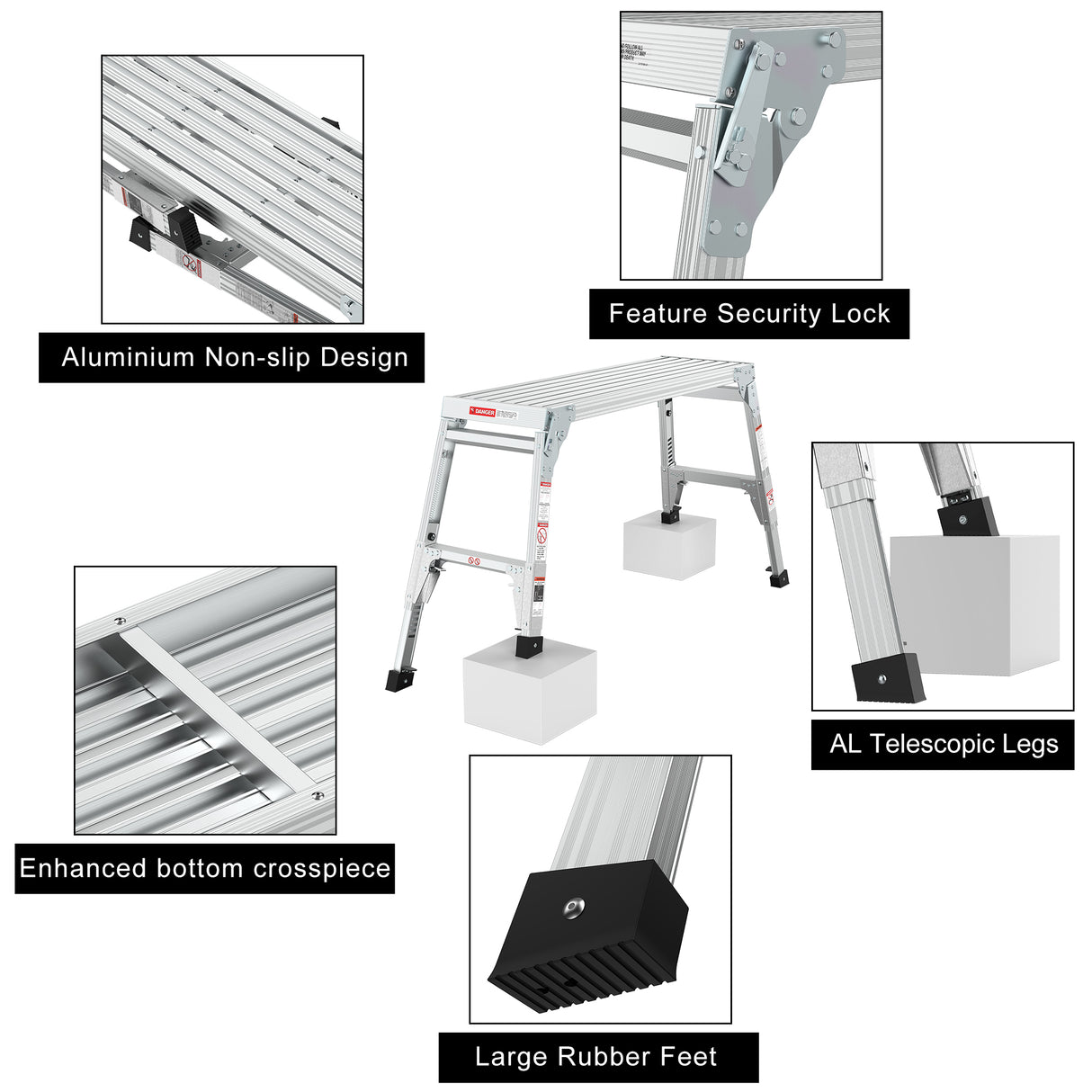Aluminum Work Platform Large Size Step Stool Folding Portable Work Bench 40" Width Telescopic Feet 22" -27.5" Height Adjustable - V.I.P Digital Presence