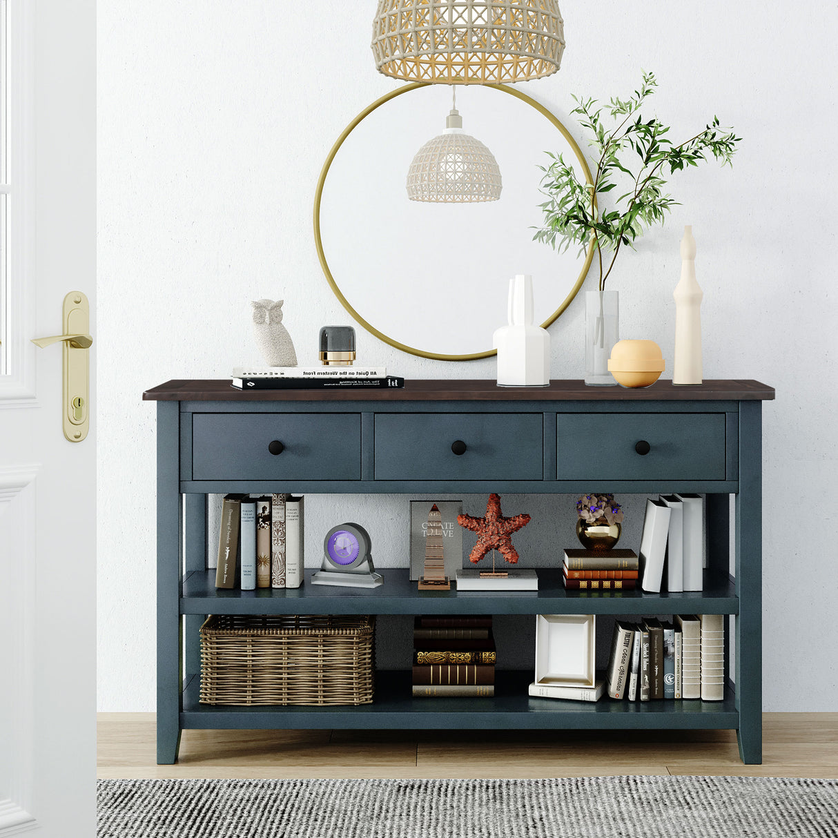 Retro Design Console Table with Two Open Shelves, Pine Solid Wood Frame and Legs for Living Room (Navy) - V.I.P Digital Presence