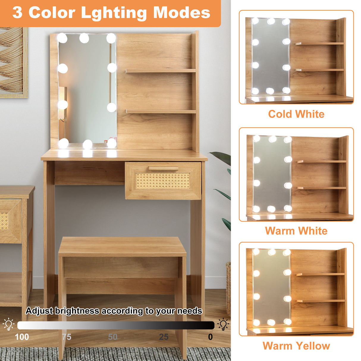 Vanity Desk Set Stool & Dressing Table with LED Lighting Mirror Drawer and Wood Cosmetic Table Chest of Drawers Nature Color - V.I.P Digital Presence