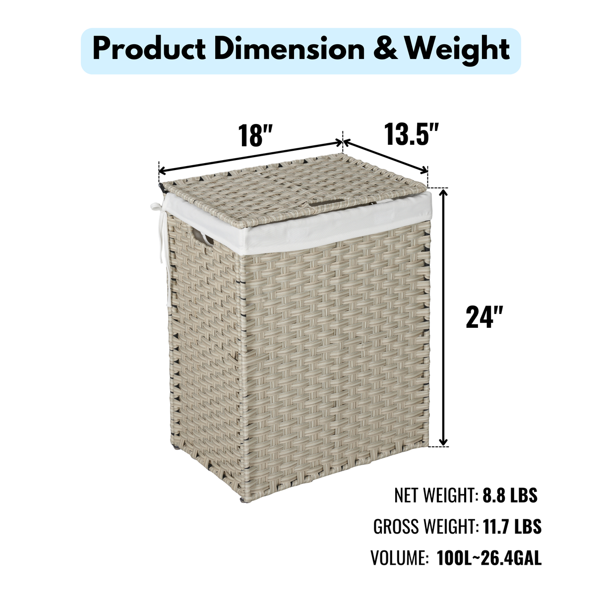Laundry Hamper With Lid PE Rattan Powder Coating Frame Clothes Hampers with 02 Removable Bags, 100L, Grey Color - V.I.P Digital Presence