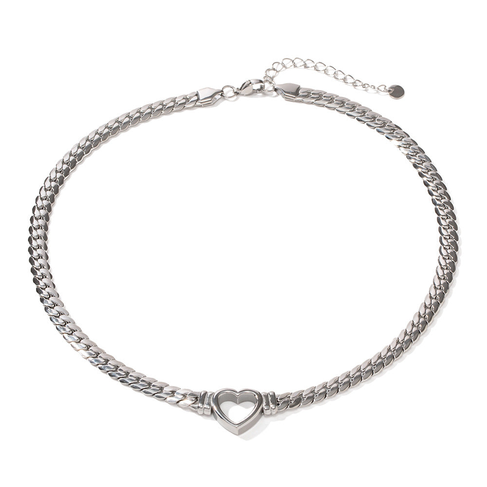 Stainless steel Cuban chain heart-shaped necklace with hollowed out flat snake chain heart pendant necklace for women - V.I.P Digital Presence