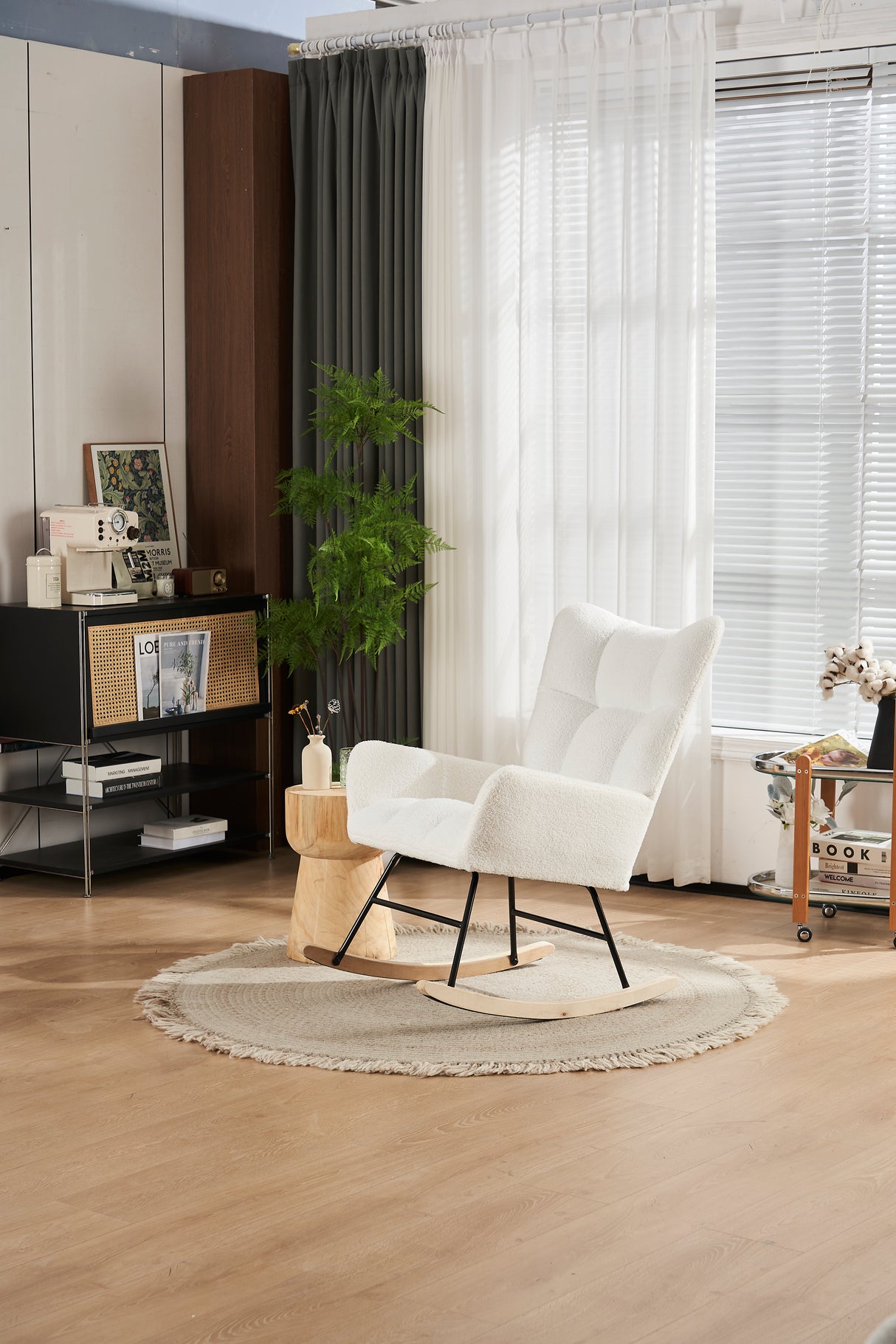 Rocking Chair Nursery solid wood leg reading chair Teddy fabric cushion with Nap armchair white Teddy fabric