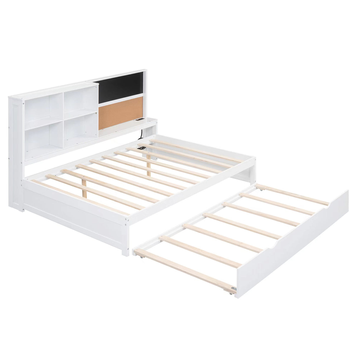 Full Size Daybed with Storage Shelves, Blackboard, Cork board, USB Ports and Twin Size Trundle White