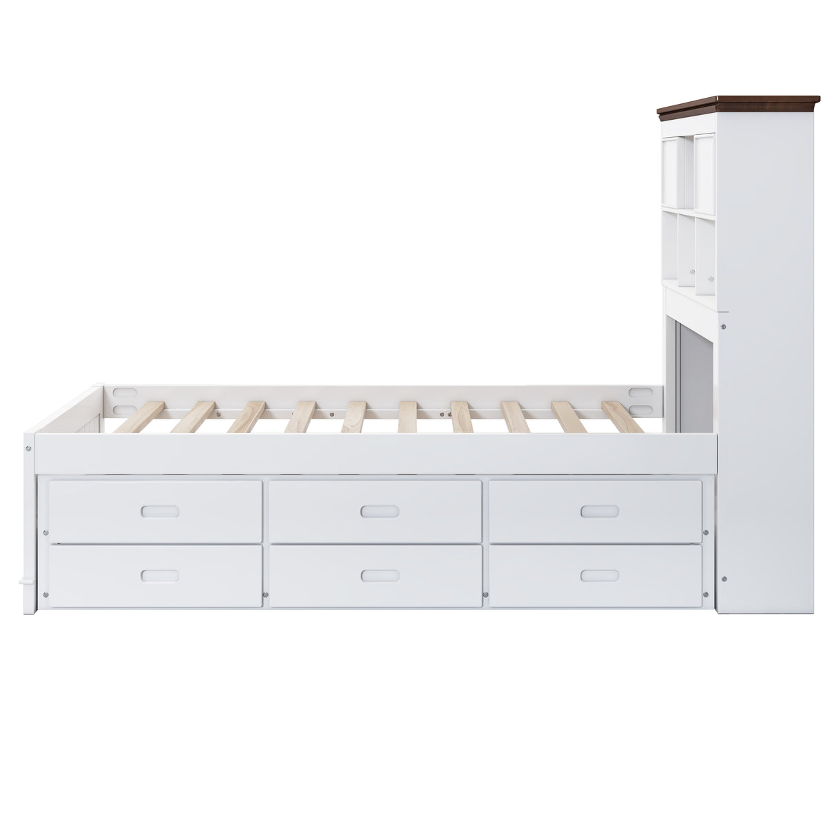 Solid Pine Captain Bookcase Bed with Trundle Bed and 3 Spacious Under Bed Drawers in Casual,Full, White+Walnut - V.I.P Digital Presence