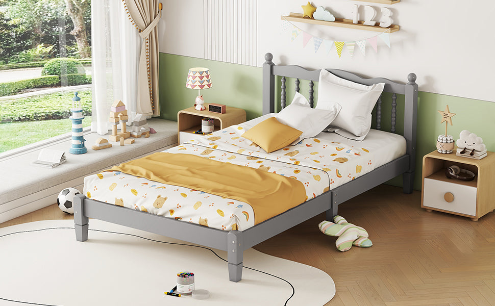 Twin Bed with Column-Decoration Headboard, with Bed Slats,Grey - V.I.P Digital Presence