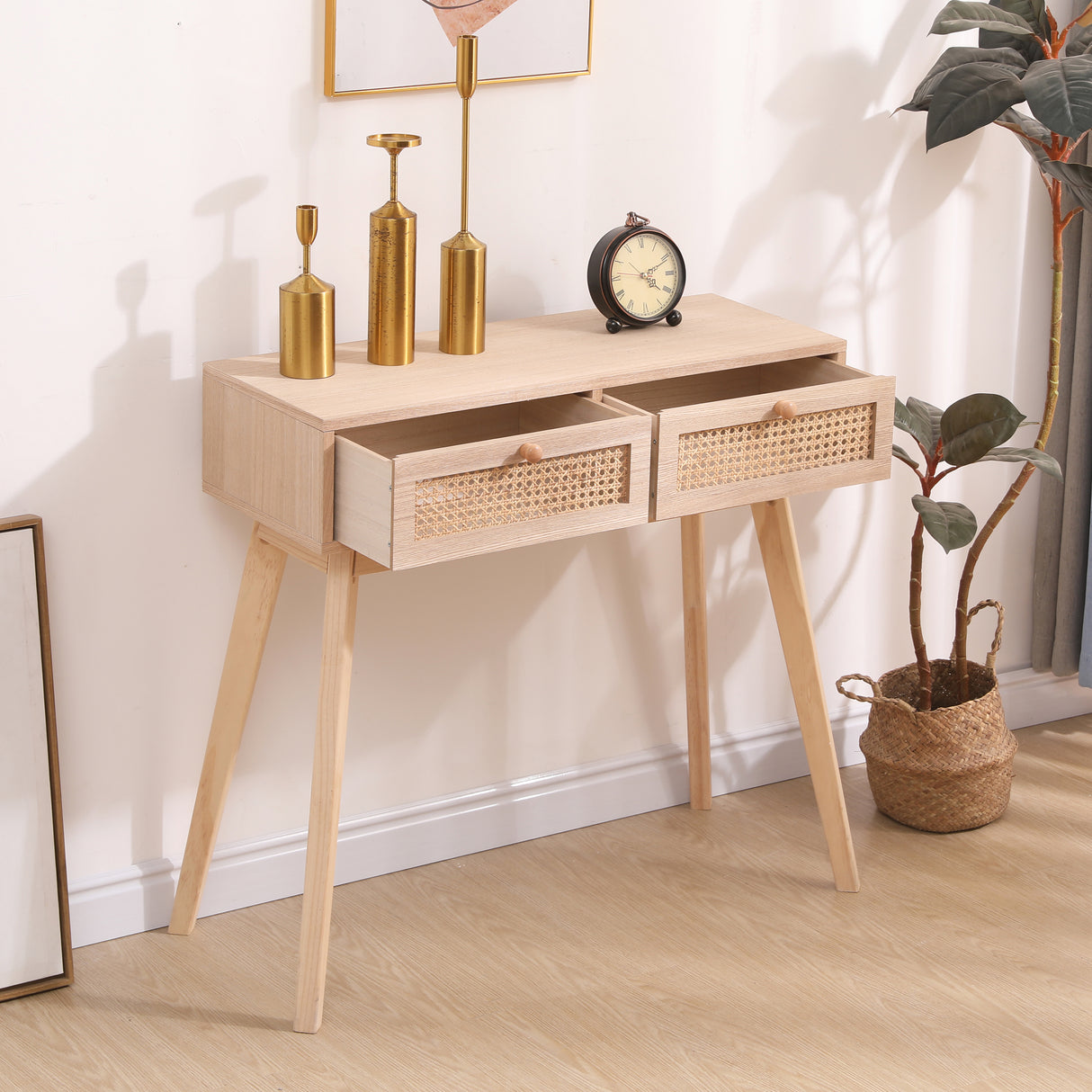 Side table with two real rattan drawers, solid wood table legs can be used in the dining room living room,bedroom - V.I.P Digital Presence