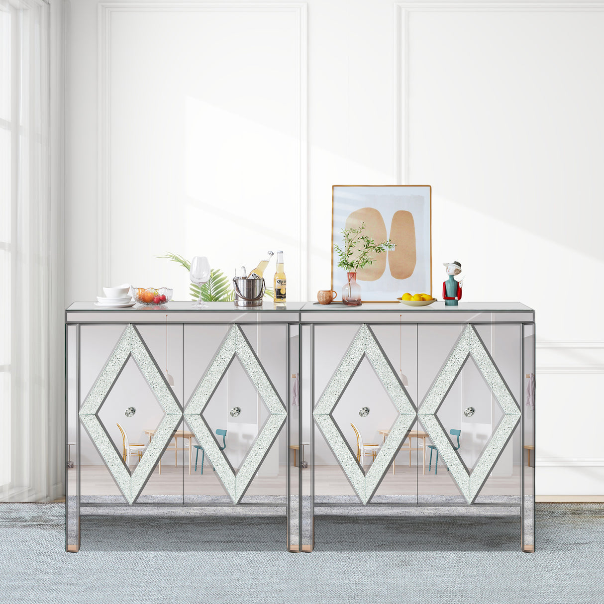 Storage Cabinet With Mirror Trim And Diamond Shape Design Spliced Combination For Living Room, Dining Room, Entryway, Kitchen - V.I.P Digital Presence